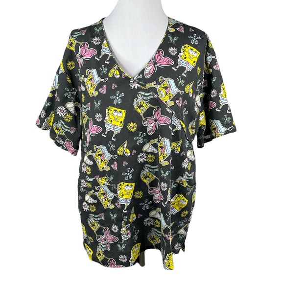 Nickelodeon SpongeBob Square Pants Catching ButterfliesScrub Top Black Size 1X - Picture 7 of 7